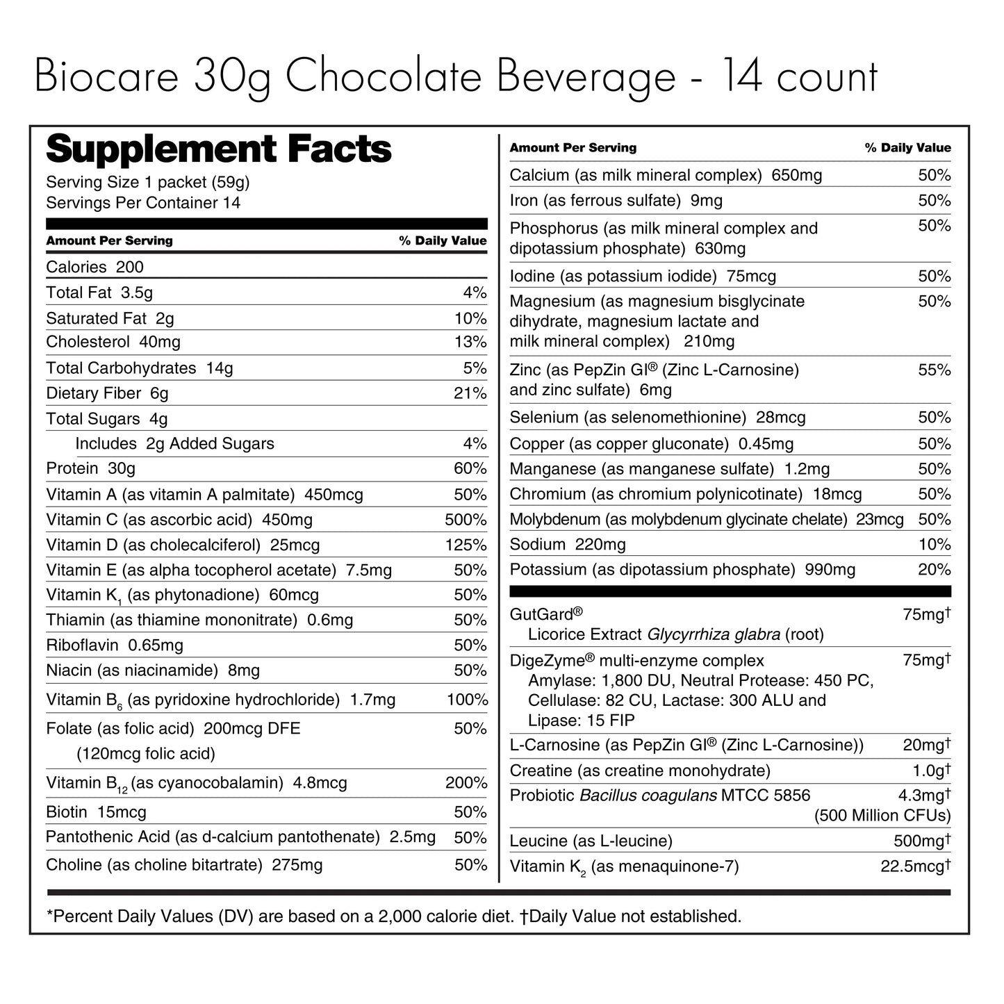 Biocare 30G Protein Chocolate Dietary Beverage (14-Count)